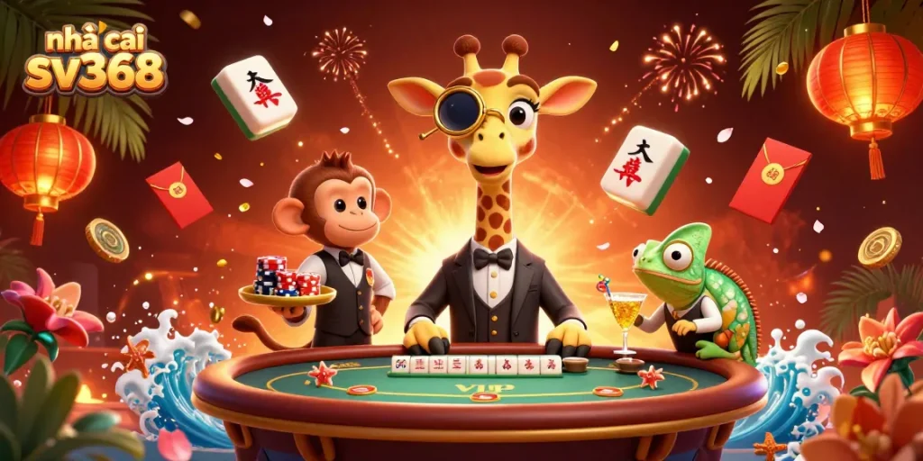 Engage with nhà cái sv368, featuring a giraffe at a poker table, surrounded by festive gambling elements.