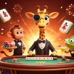 Engage with nhà cái sv368, featuring a giraffe at a poker table, surrounded by festive gambling elements.