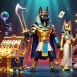 Menangkan jackpot di toto macau dengan karakter Anubis dan Bastet dikelilingi harta karun.