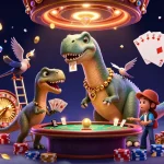Engage in the excitement of online casino Australia with a brontosaurus and raptor in a vibrant casino scene.