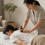 Relaxing 강서구출장마사지 session with a Korean therapist using aromatherapy in a cozy home environment.