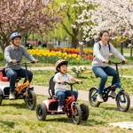 Family enjoying best electric tricycles in a sunlit park, showcasing happiness and adventure.