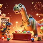 92lottery draws thrilling excitement with a giant brontosaurus observing a vibrant lottery scene.
