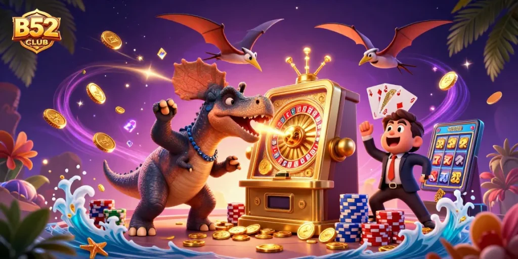 B52CLUB players engaging in an exciting casino scene with a pachycephalosaurus and scatterings of golden coins.