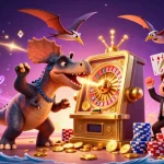B52CLUB players engaging in an exciting casino scene with a pachycephalosaurus and scatterings of golden coins.