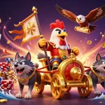 Experience thrilling gameplay at GG88 with a dynamic scene of a rooster warlord and battle elements.