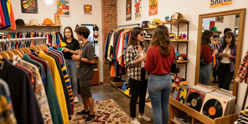 Exploring rokok88 vintage fashion trends in a colorful clothing store.