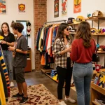 Exploring rokok88 vintage fashion trends in a colorful clothing store.