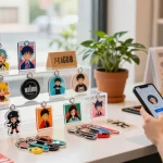 Custom acrylic keychain designs in vibrant colours showcased in a bright retail environment, highlighting personalised art.