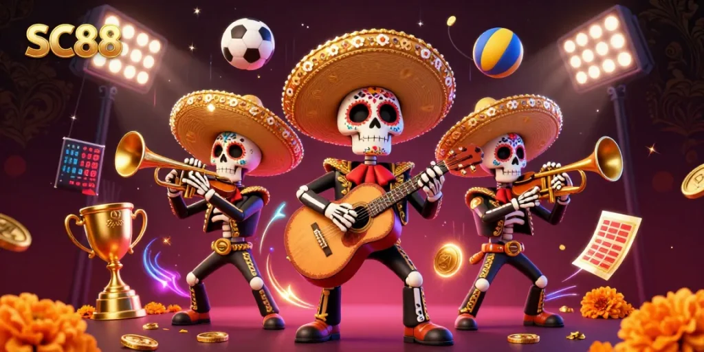Engage with SC88 through a vibrant illustration depicting a festive mariachi band amidst dynamic gambling elements.