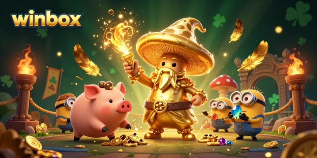 Winbox players chase golden treasures amidst fantasy creatures in a magical casino.