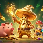Winbox players chase golden treasures amidst fantasy creatures in a magical casino.