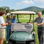 Golf cart dealer USA showcasing modern golf carts to happy customers at a golf course.