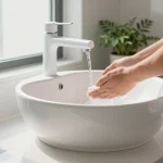 Wudu basin being used in a contemporary bathroom for purification rituals, showcasing its elegant design and serene environment.