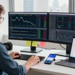 Trader using mt4 forex tools with multiple screens in a modern office.