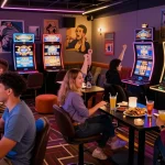 Friends enjoying slot online gameplay in a lively casino lounge with vibrant neon lights.