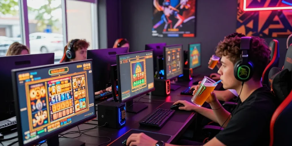 Playbook88 engaging online gaming scene with players intensely focused on vibrant slot machine graphics.