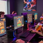 Playbook88 engaging online gaming scene with players intensely focused on vibrant slot machine graphics.