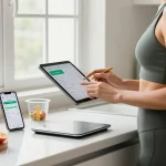 Person tracking meals with the best AI macro tracker in a bright kitchen filled with healthy ingredients.