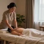 Therapist providing a healing massage in a tranquil setting, showcasing 부천출장안마 services with soothing decor elements.