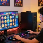 Engaging gaming setup illustrating website resmi wd138 with vibrant slot game on monitor, modern peripherals, and cozy lighting.